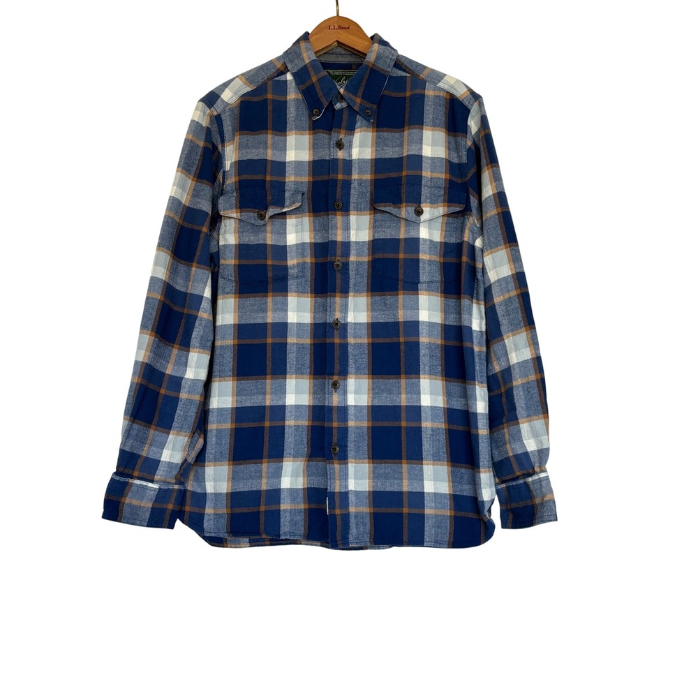 Woolrich Mens Flannel Shirt Medium Blue Tan Plaid Organic Cotton Modern Fit 6473